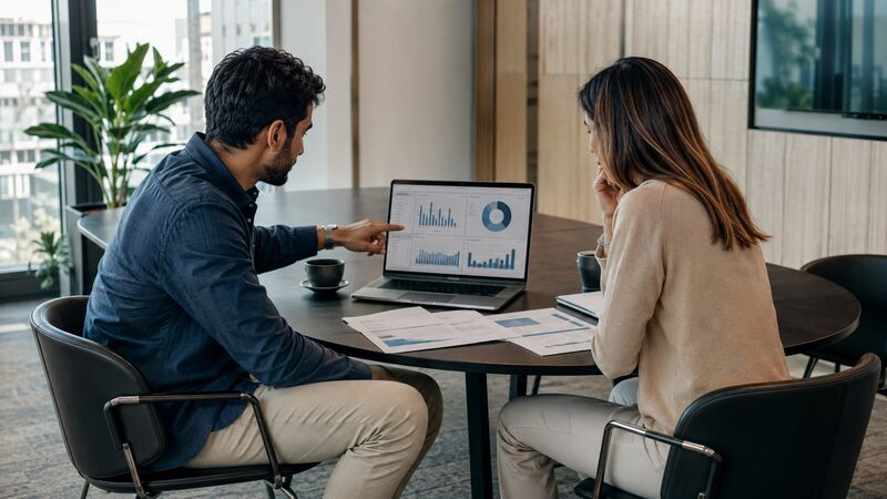 Twee collega's bekijken projectrendement op een laptop