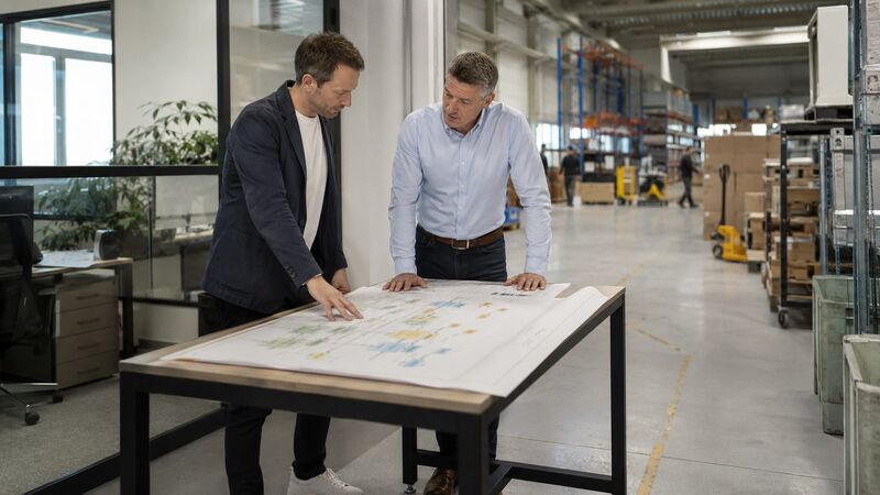 Twee mensen lopen een procesplaat door voor de overstap
