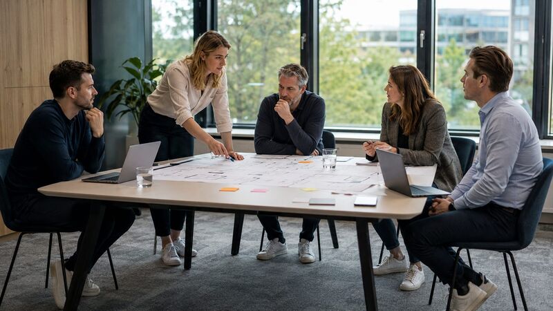 Team in een werksessie rond een tafel met een procesplaat